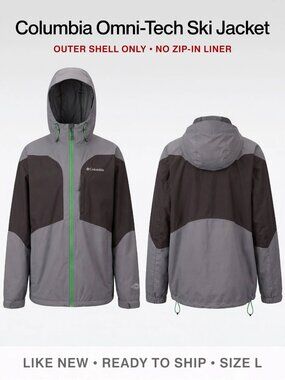 Columbia Omni-Tech Ski Jacket Mens L Gray Black Green Shell Only - No Liner